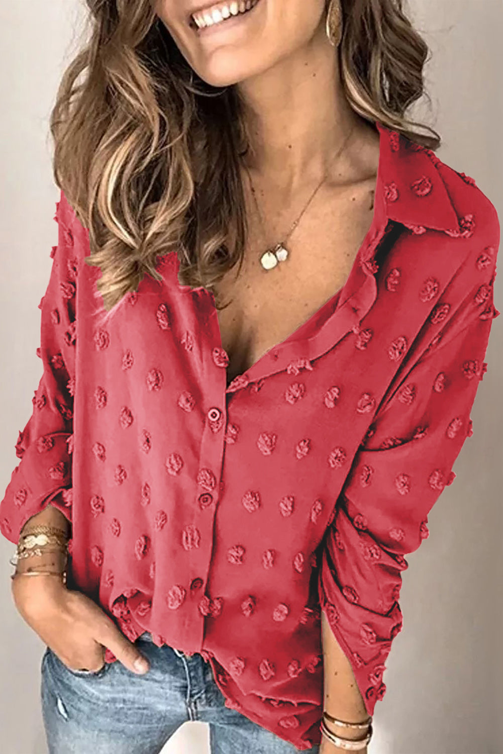 Fiery Red Long Sleeve Button Fuzzy Polka Dot Shirt