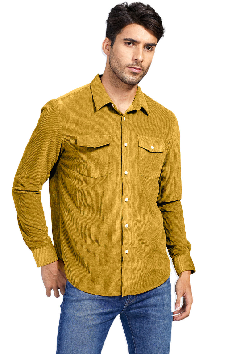 Brown Men Corduroy Flap Pocket Button Front Shirt