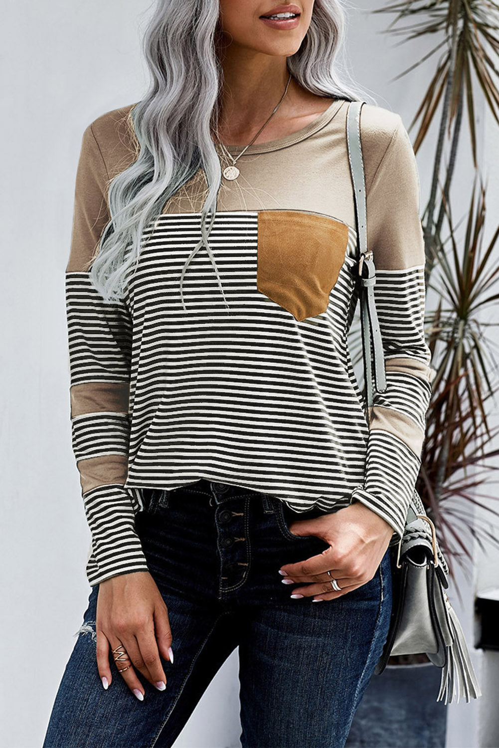 Black Pinstripe Patch Pocket Top