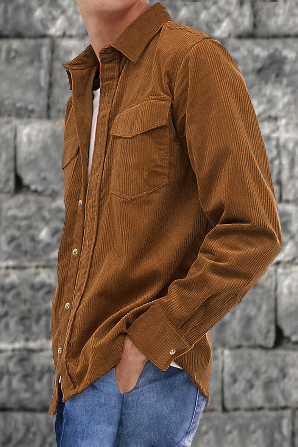 Brown Men Corduroy Flap Pocket Button Front Shirt