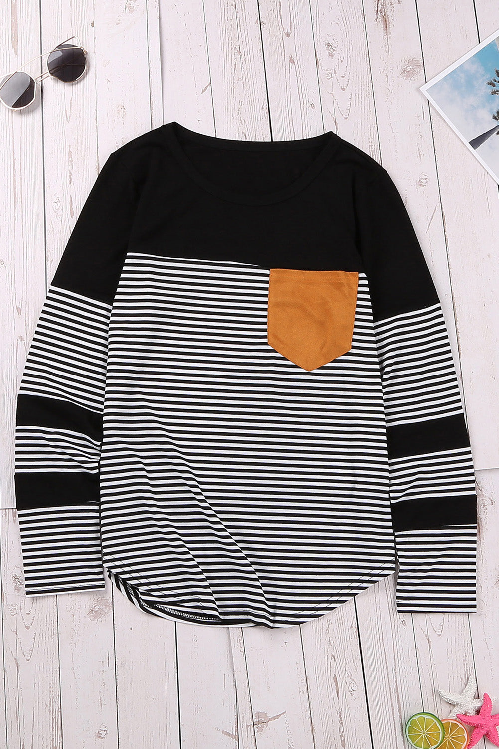 Black Pinstripe Patch Pocket Top