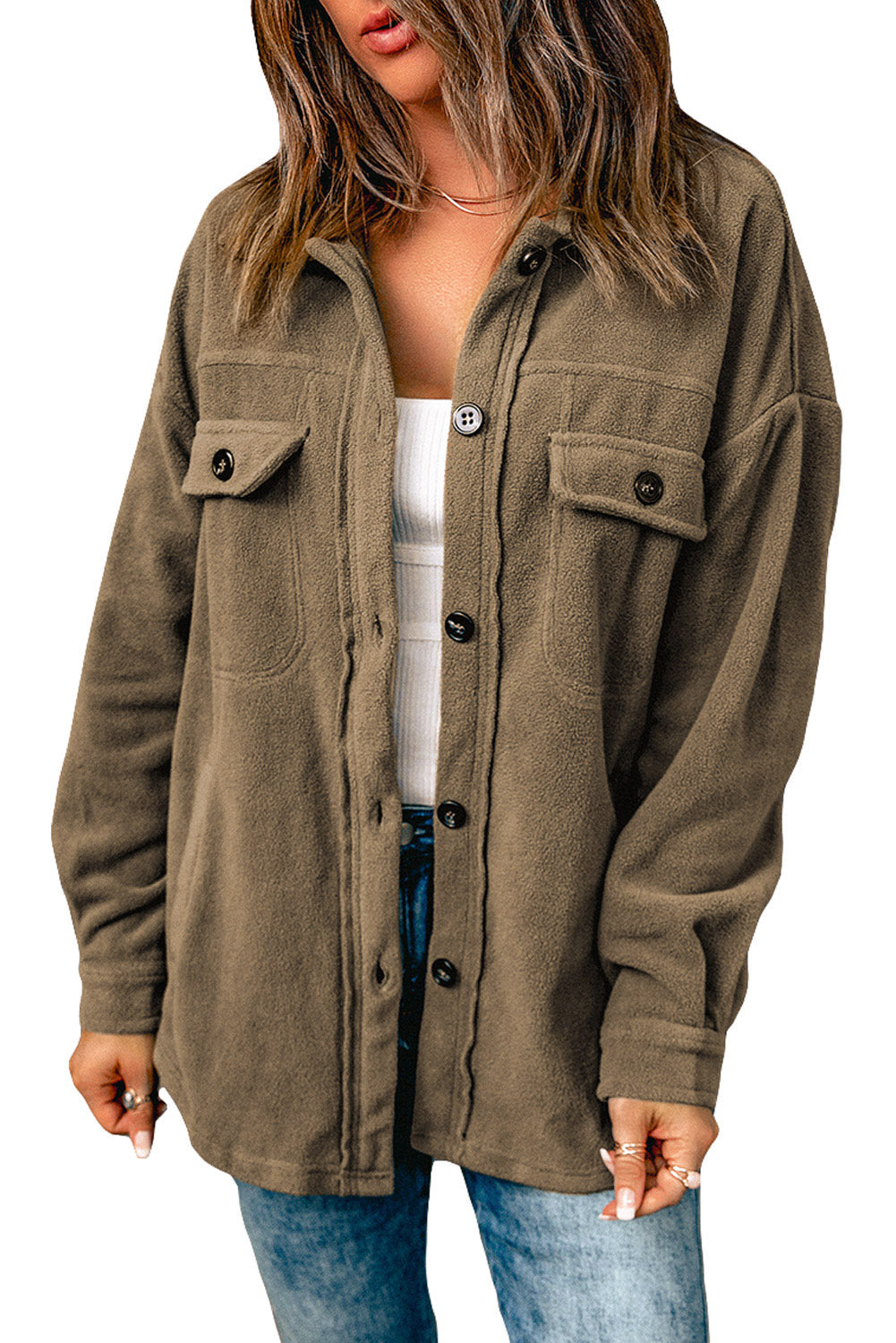 Brown Turn Down Collar Buttoned Shirt Jacket