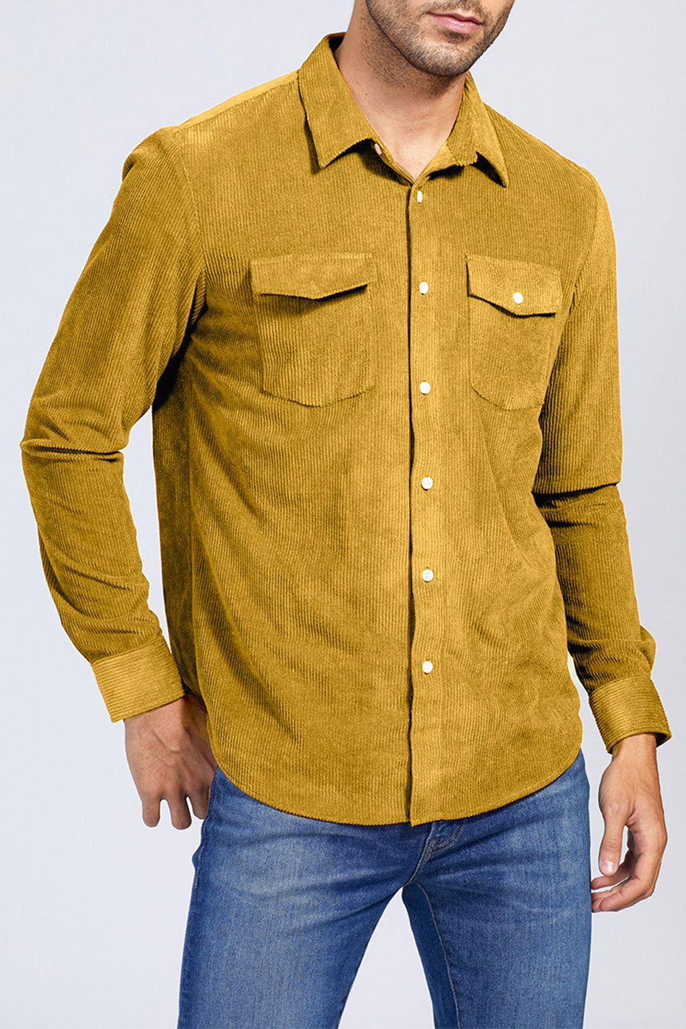 Brown Men Corduroy Flap Pocket Button Front Shirt