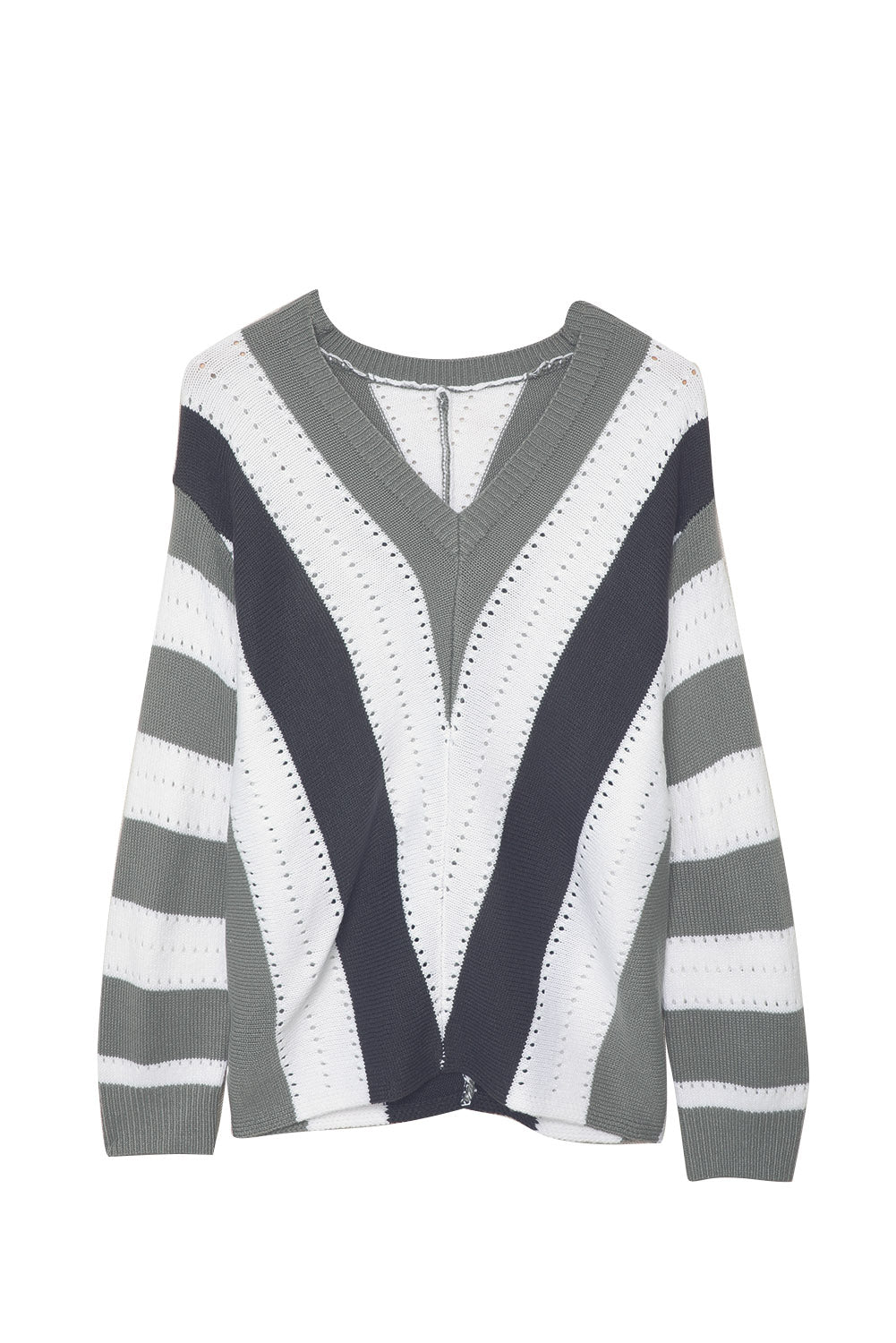 Blue Striped Colorblock V Neck Knitted Sweater