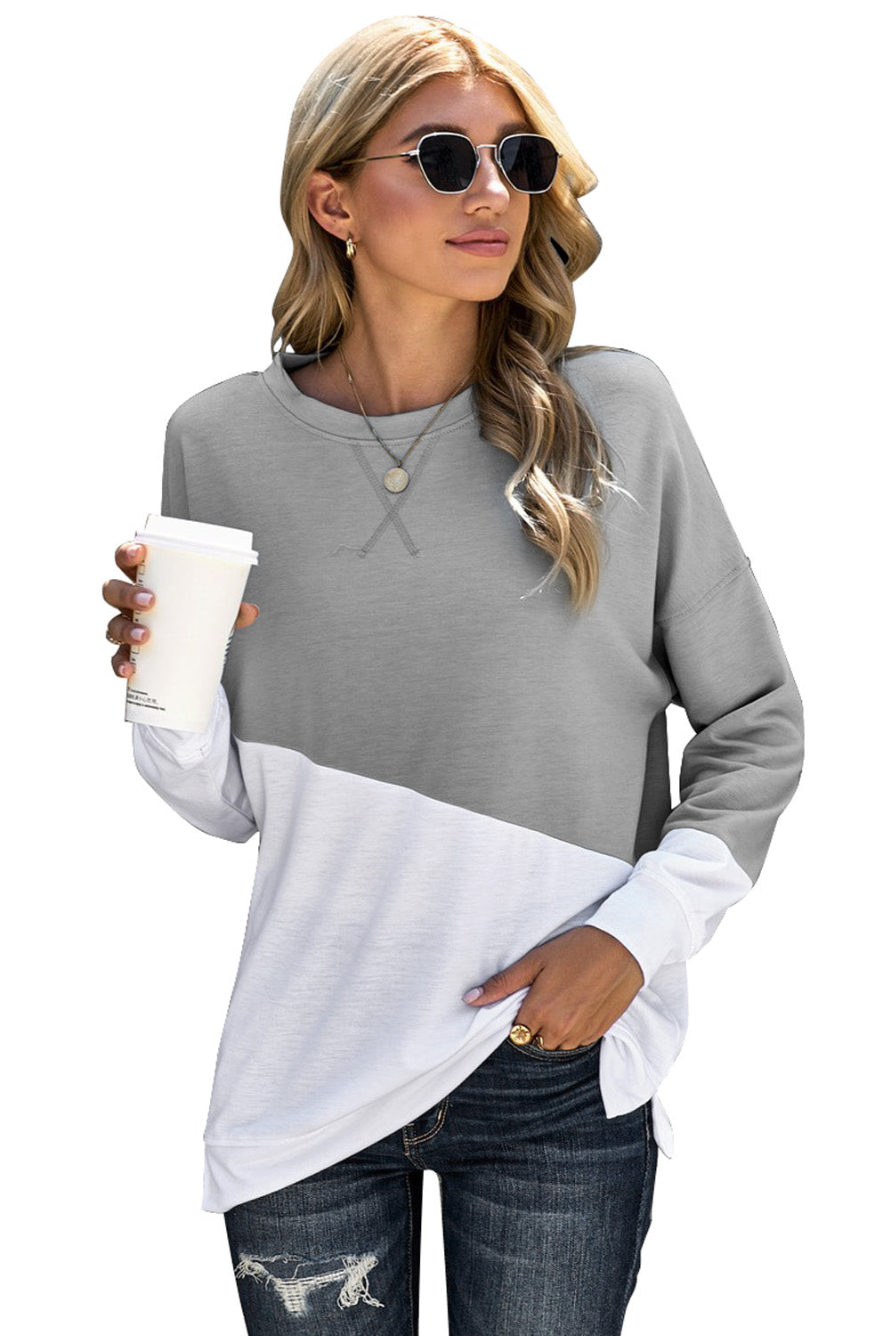 Light Blue Patchwork Dropped Shoulder Sweatshirt