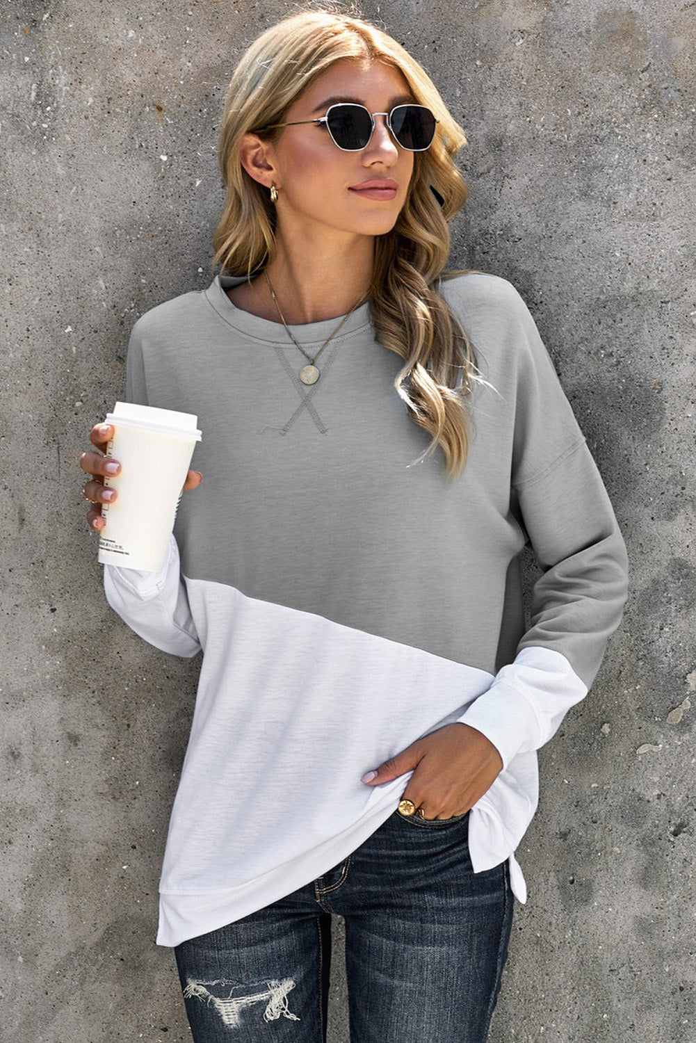 Light Blue Patchwork Dropped Shoulder Sweatshirt