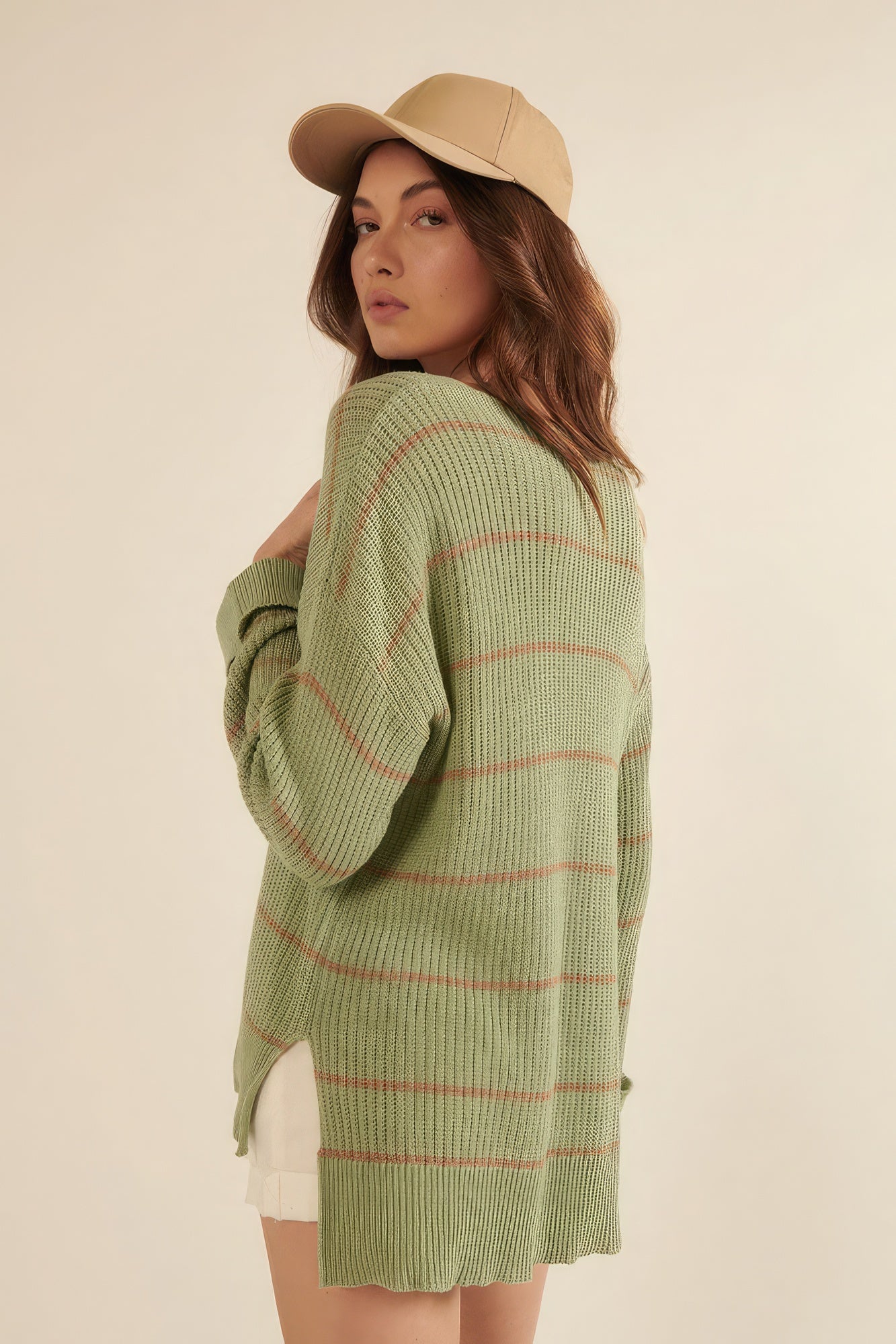 Striped Rib-knit Oversized Pocket Sweater